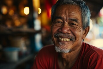 Portrait of a senior Asian man smiling and looking at camera.