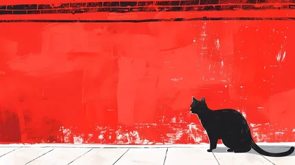 Keuken foto achterwand Minimalist traditional red wall and cat illustration poster background © jinzhen