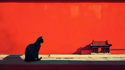 Foto auf Alu-Dibond Minimalist traditional red wall and cat illustration poster background © jinzhen