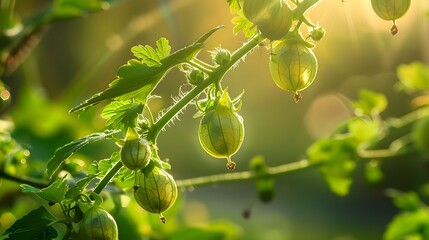 Closeup of gooseberry plant branch in ray of sunshine