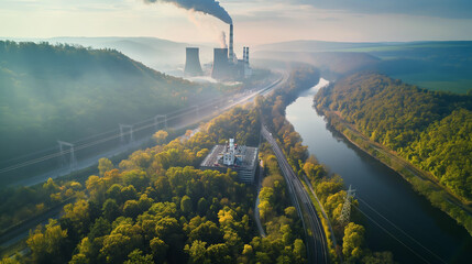 A breathtaking aerial shot captures a large industrial power plant situated along the meandering river surrounded by lush forests during fall - obrazy, fototapety, plakaty