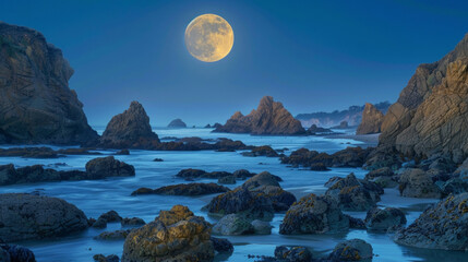 A rocky coastline dotted with tide pools illuminated by the light of the full moon blending with the stillness of the seascape to . . - obrazy, fototapety, plakaty