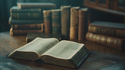 A serene setting of old books stacked with a soft light illuminating the pages - obrazy, fototapety, plakaty
