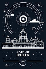 Jaipur city vintage poster with abstract cityscape and skyline. Chalkboard vector black and white illustration for India, Rajasthan state, vertical graphic