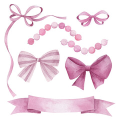 Watercolor set of isolated pink bows on white background. Ribbons collection. Hand drawn sketch illustration - 782764753