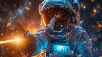 Cnceptual portrait of an astronaut dressed as a fencer wielding an epee, set against a starry space backdrop with dynamic light effects. 