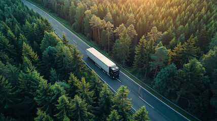 Aerial view of truck logistic transportation with green pine trees beside the road