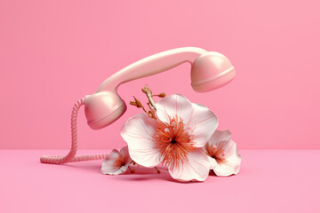 Vintage telephone receiver and flowers on pastel pink background. Invitation or greeting card. Minimal concept of romance, communication, love conversation, wedding or Valentine.
