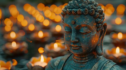 Generative AI image of a serene Buddha statue with candles
