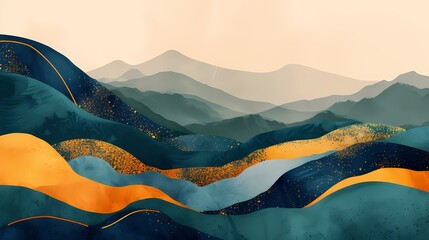 Digital traditional gold blue and green landscape illustration poster PPT background