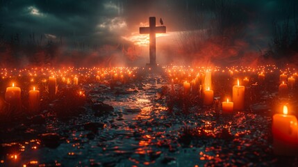 Concept photo of the cross surrounded by flickering candles, symbolizing the light of hope and guidance along the pilgrims journey. 