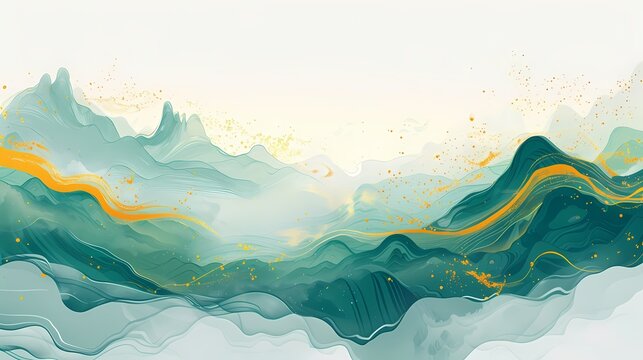 Digital traditional gold blue and green landscape illustration poster PPT background