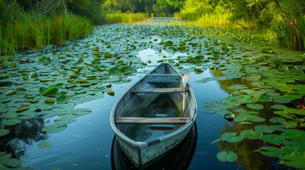 A small rowboat drifts through a maze of lily pads the only sound coming from the occasional splash...