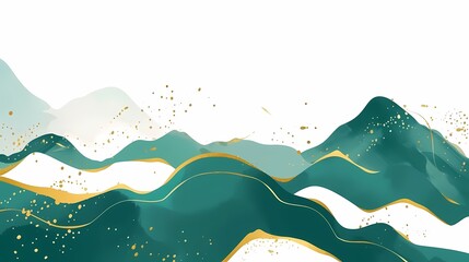Obraz premium Digital traditional gold blue and green landscape illustration poster PPT background