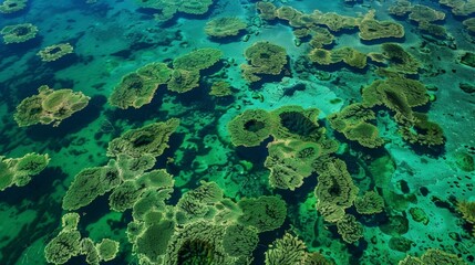 Fototapeta na wymiar An aerial view of a vast expanse of crystal clear blue water dotted with patches of vibrant green algae floating atop the surface. The algae appears to form intricate patterns hinting .