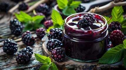 Homemade blackberry preserves or jam in a glass jar surrounded by fresh berries