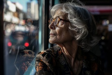 Elderly woman looking out the window of a city bus.