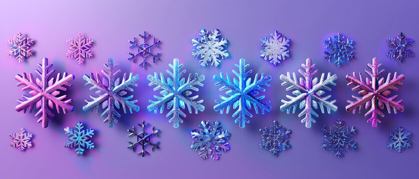 Festive 3D snowflakes, vector illustration, holographic gradients