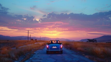 Depict a serene, elderly individual driving a compact electric vehicle on a quiet country road as the sky transitions from blue to a warm palette of sunset colors.
