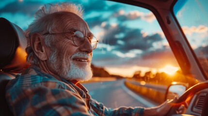 Depict a serene, elderly individual driving a compact electric vehicle on a quiet country road as the sky transitions from blue to a warm palette of sunset colors. - obrazy, fototapety, plakaty