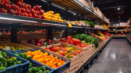 Fresh Produce, Vegetable stand at a grocery store, vibrant colors.