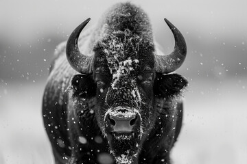 Winter Bison, Majestic bison braving a snowstorm, detailed texture of fur and horns. - obrazy, fototapety, plakaty