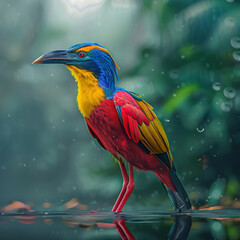 Rainforest Avian Splendor, Vibrant bird in a rainforest setting, reflecting the colors of a rainbow.