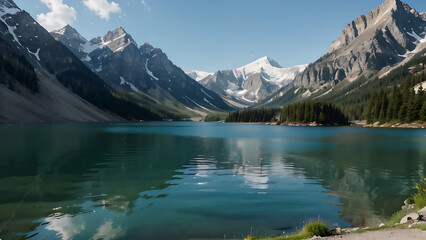 Naklejka na ściany i meble Serene Mountain Lake Reflections: Tranquil Beauty Amidst Majestic Peaks