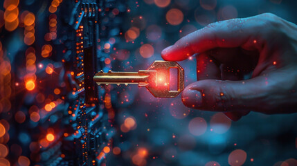 Digital key to the future: Hand holding a glowing key, unlocking technology. - obrazy, fototapety, plakaty
