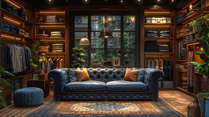 Exclusive men's clothing store interior with a designer black sofa.