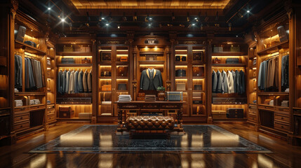 High-end male wardrobe display in a luxury clothing store.