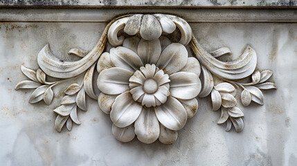Aged stone wall with a detailed bas-relief carving of a blooming flower surrounded by intricate leaves.