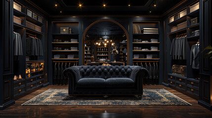 Luxurious men's clothing store interior with a sleek black sofa.