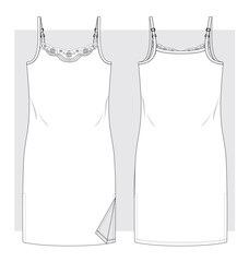 Jersey sundress with thin straps and lace on fronttechnical sketch. Vector illustration.
