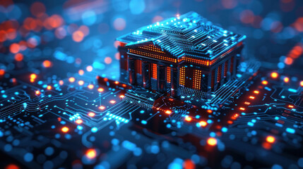 Technological evolution: Creative polygonal circuit banking hologram on blue background, showcasing digital transformation in banking.