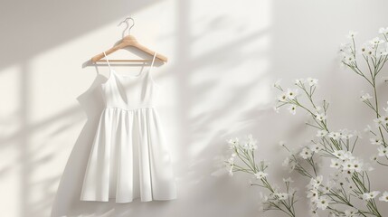 white dress mockup, lovely children's dress hanging from the hanger, white wall background, 3d render