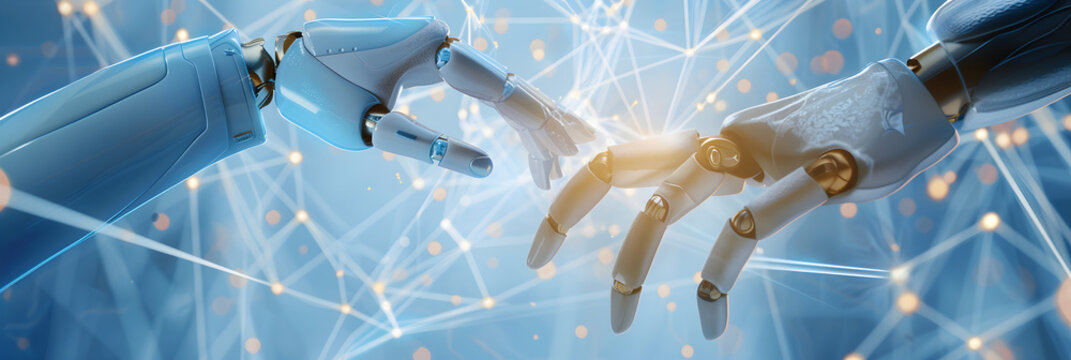 two robot arm touching, network connection, data dots and lines in a hi technology backdrop emphasizing artificial intellegence service for mankind 


