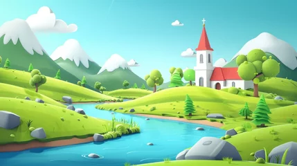 Rolgordijnen 3D cartoon landscape with river, green hills and church, Generative AI © supinda