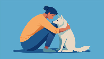 A person crying into their pets fur as the animal rests its head on their lap portraying the unconditional support and empathy given by a