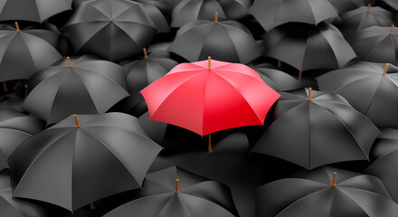 red umbrella with black umbrellas around - obrazy, fototapety, plakaty