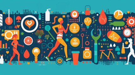 vibrant infographic showcasing the benefits of a healthy lifestyle, incorporating icons of fitness, nutrition, and mental well-being