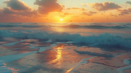 eye-catching animated GIF of a sunrise over a tranquil beach, with waves gently rolling in and birds flying across the sky - obrazy, fototapety, plakaty