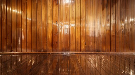 Warm-toned wooden wall and reflective flooring create a cozy interior atmosphere, varnished wood. Wallpaper. Background.
