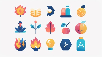 Illustrate a series of colorful icons representing different aspects of self-care, including exercise, relaxation, mindfulness, and nutrition