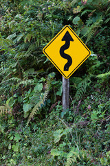 Traffic prevention sign winding road curve and contracurve with  Yunga vegetation wall