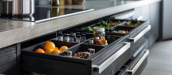 Include sleek, functional storage solutions to maintain the kitchen's streamlined appearance.  - obrazy, fototapety, plakaty