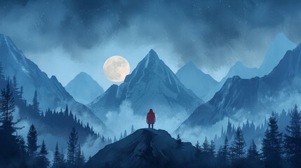 Journey of Self-Discovery: poignant illustration of a person embarking on a solo expedition through rugged mountains and tranquil forests, symbolizing their inner quest for growth and enlightenment - obrazy, fototapety, plakaty