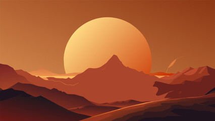 The soft glow of the setting sun on Mars casts a warm ethereal light on the rugged terrain giving the landscape an otherworldly and poetic feel. - obrazy, fototapety, plakaty