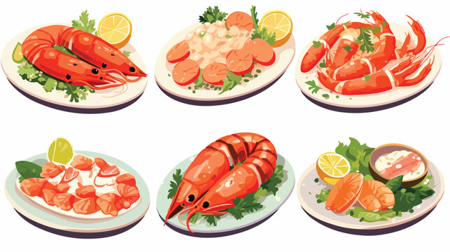 Creative festive seafood dishes flat pictures set f