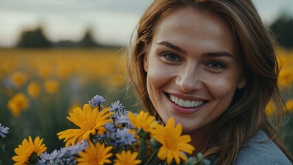 woman with flowers smiling
